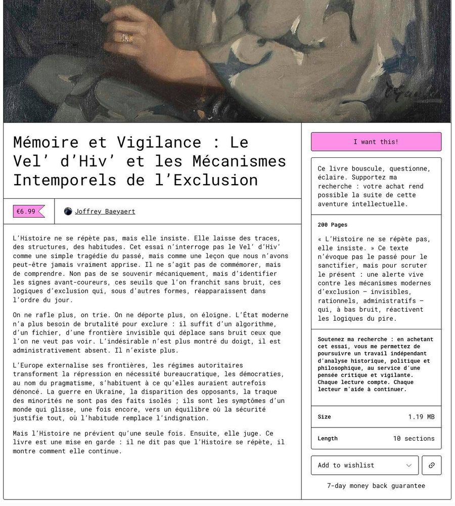 La page de vente de mon livre "Mémoire et Vigilance" sur Gumroad