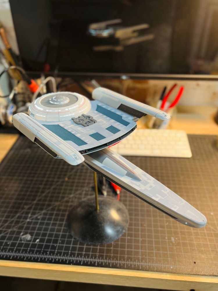 Back/Top view of a fully assembled model kit of the USS Grissom from Star Trek. 