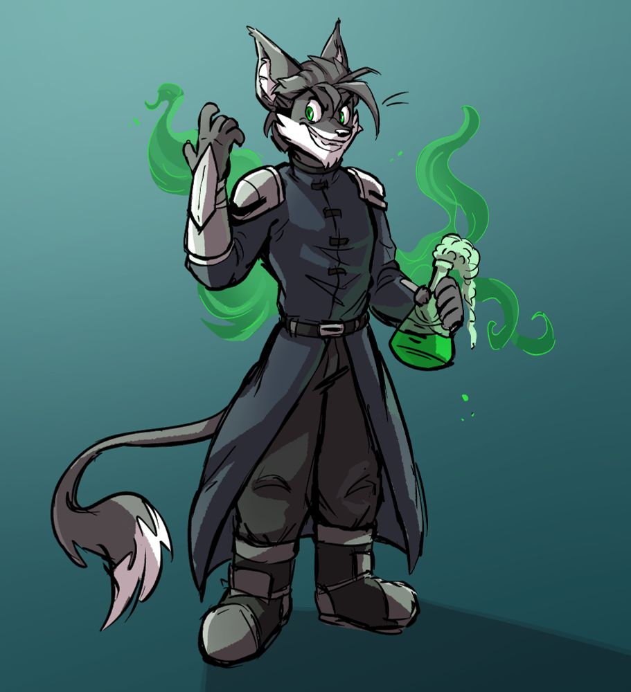 Grey, wolf-like anthro holding a flask overflowing with green liquid. He has a menacing smile.