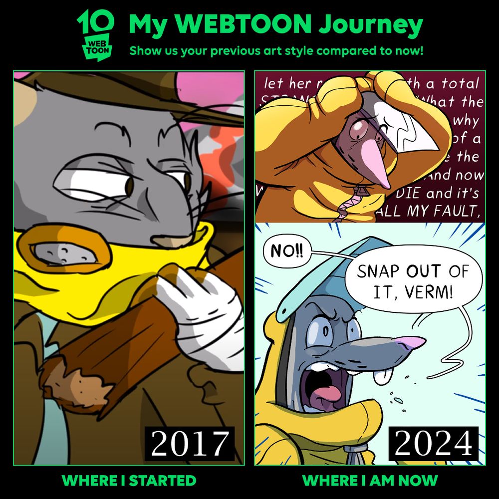 Side by side comparison of my rat character, Verm. The left is from 2017, the right is 2024.