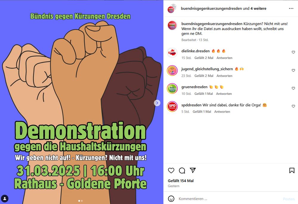 Sharepic von Bündnis gegen Kürzungen Dresden: Demonstration gegen die Haushaltskürzungen. Wir geben nicht auf. Kürzungen? Nicht mit uns. 31.03.2025 16:00 Uhr, Rathaus - Goldene Pforte