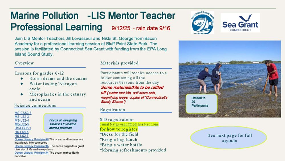 First page of flier for Marine Pollution Long Island Sound Mentor Teacher workshop at Bluff Point State Park on Sept. 12, 2025