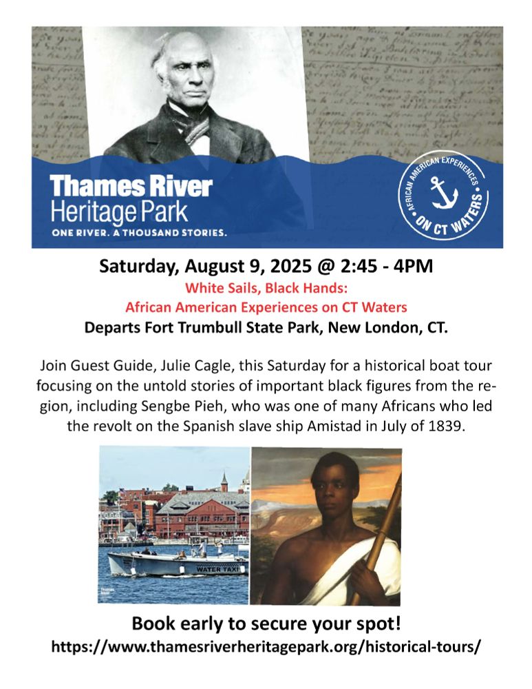 Flier for "White Sails, Black Hands" boat tour offered by the Thames River Heritage Park on Aug. 9, 2025