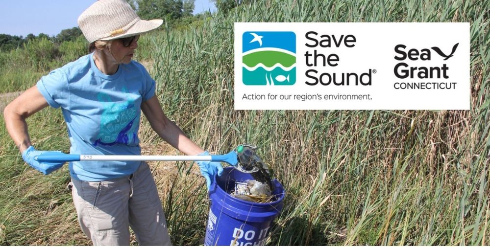 Woman collecting trash at Long Wharf Nature Preserve in New Haven with Save the Sound and Connecticut Sea Grant logos.