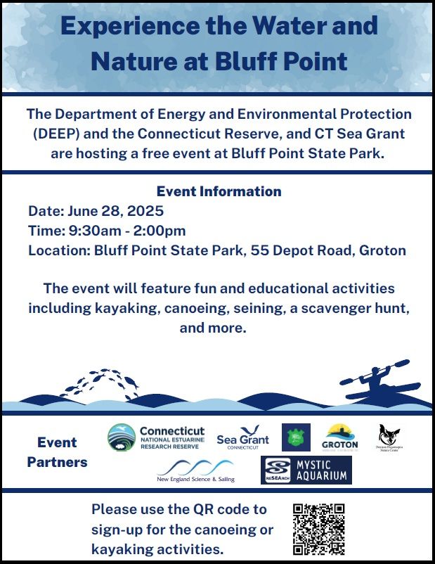 Flier for Water and Nature event at Bluff Point State Park in Groton on June 28.