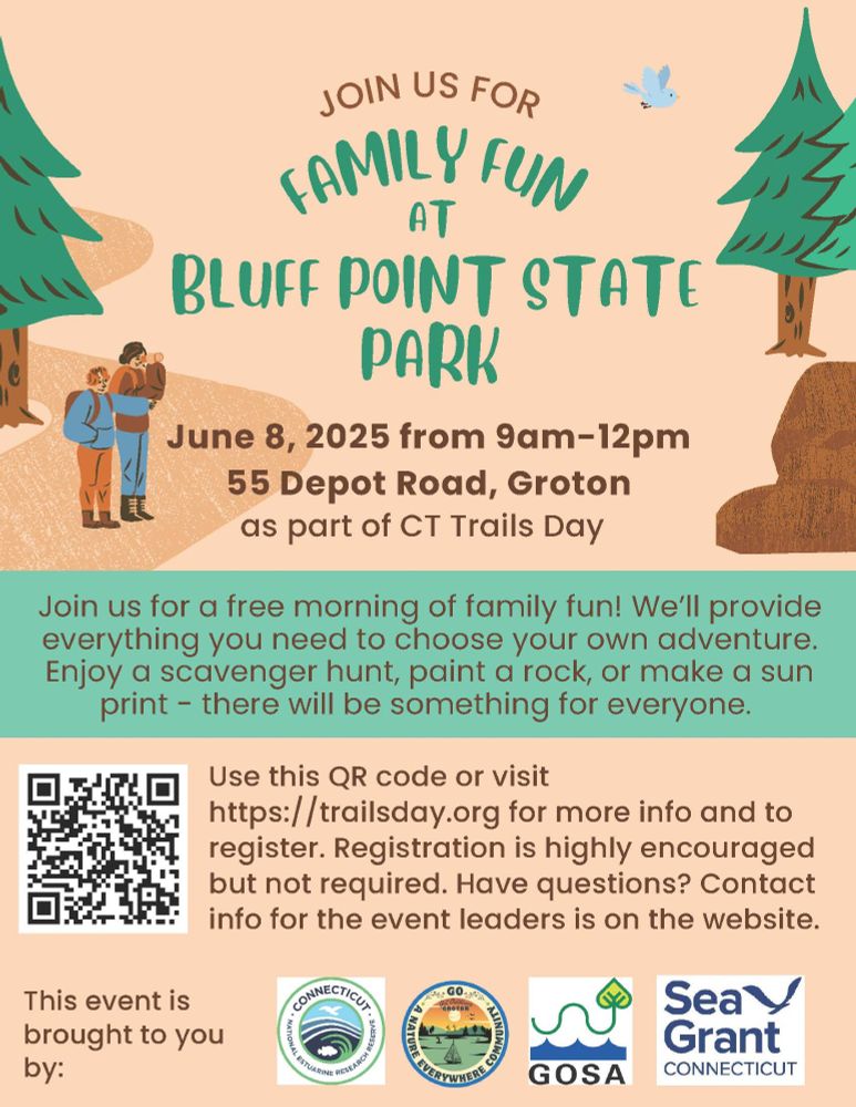 Flier for Family Fun event at Bluff Point State Park on June 8, 2025