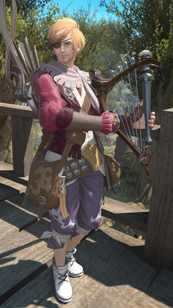 An attempt at a gender-swapped Lucia Klarwind playing his harp in the Black Shroud.