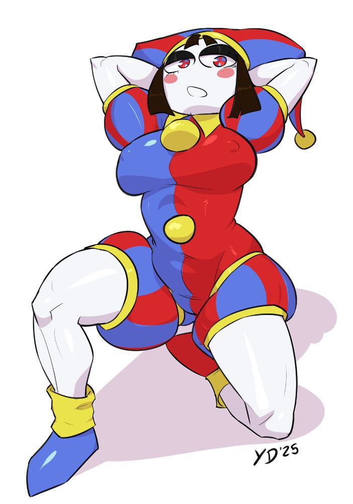 Pomni doing that pose, kneeling with one knee, arms on the back, looking at the viewer chin-up