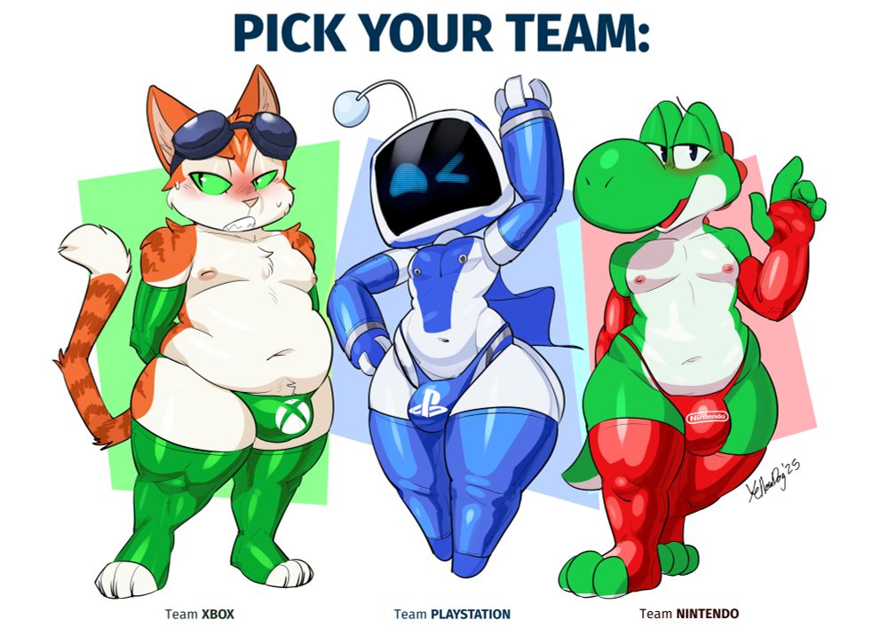 From left to right: Blinx the Time Sweeper, Astro Bot, and Yoshi. They're all wearing latex long sleeves, stockings and thongs, which have respective console brand logos in them. Text reads "Pick your team: (from left to right) Team Xbox, Team Playstation, Team Nintendo"