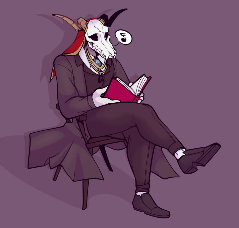 Elias Ainsworth (Ancient Magus’ Bride) leaning back in a chair as he’s reading a book.

Elias is a tall humanoid in a suit, his head is a wolf skull with goat horns and red eyes 

Art done by Bileshroom on tumblr.