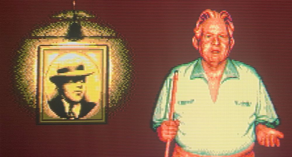 the titular table master stands with cue in hand next to an illuminated portrait // Minnesota Fats: Pool Legend for Sega Genesis, photography on CRT TV 