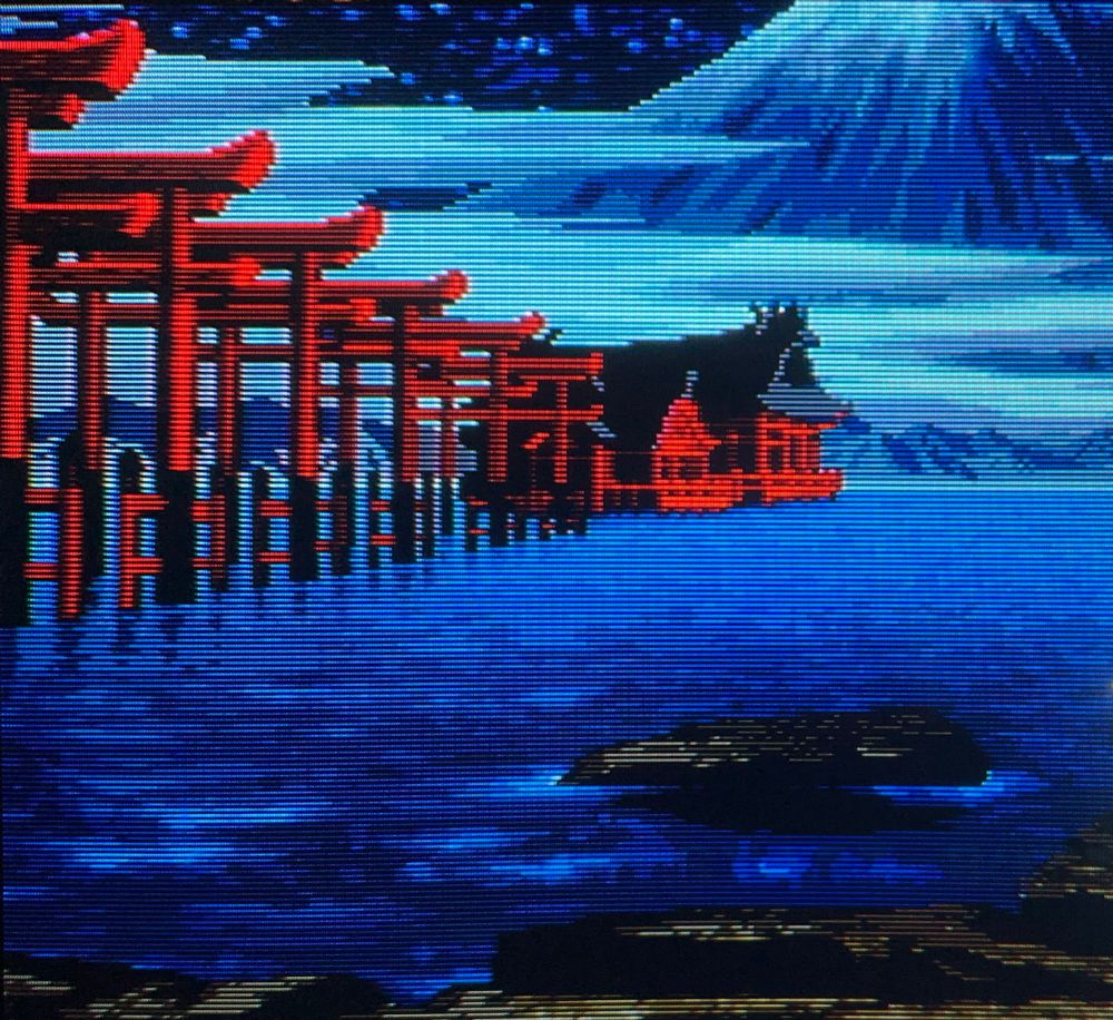 a series of torii mark the path out to a shrine built in the water, a striking red the stands out from the white fog hanging over the area. a large snowcapped mountain looms over in the distance // Samurai Shodown 5 Special, photography on CRT TV 