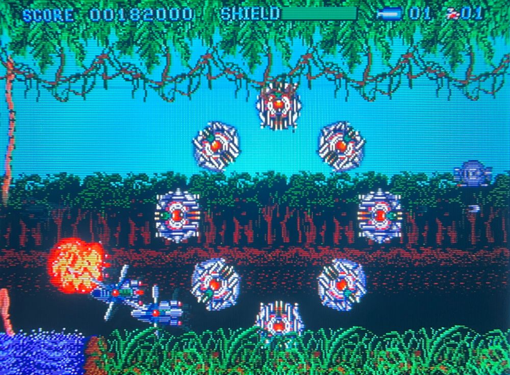 here enemies fill the screw in a way that makes your sluggish ship unable to avoid them. the sky has turned a bright teal