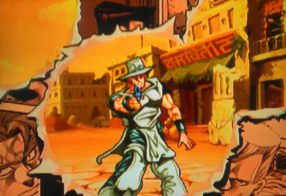 Holes have been blasted in either side of the manga panels by a lone gunman wielding the stand 'Emperor' // Jojo's Bizarre Adventure HD for Playstation 3, photography on CRT TV 