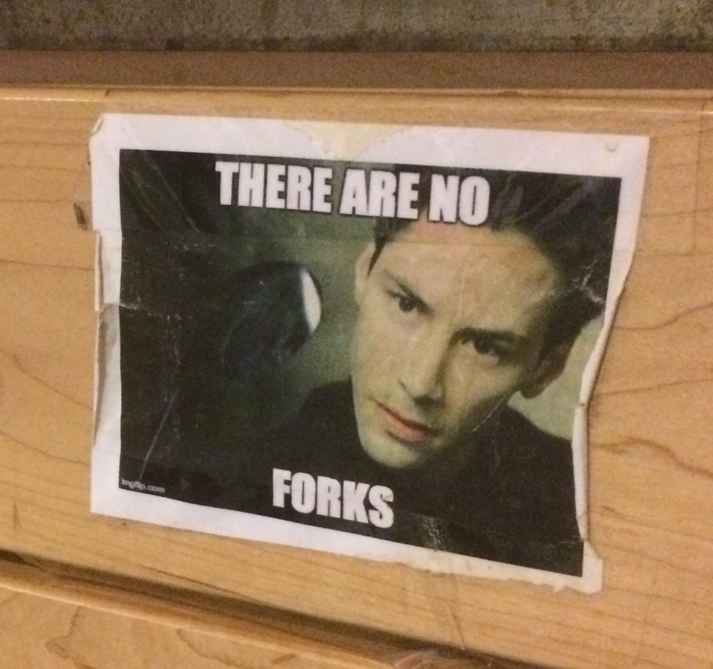 Keanu Reeves realizing that there are no forks