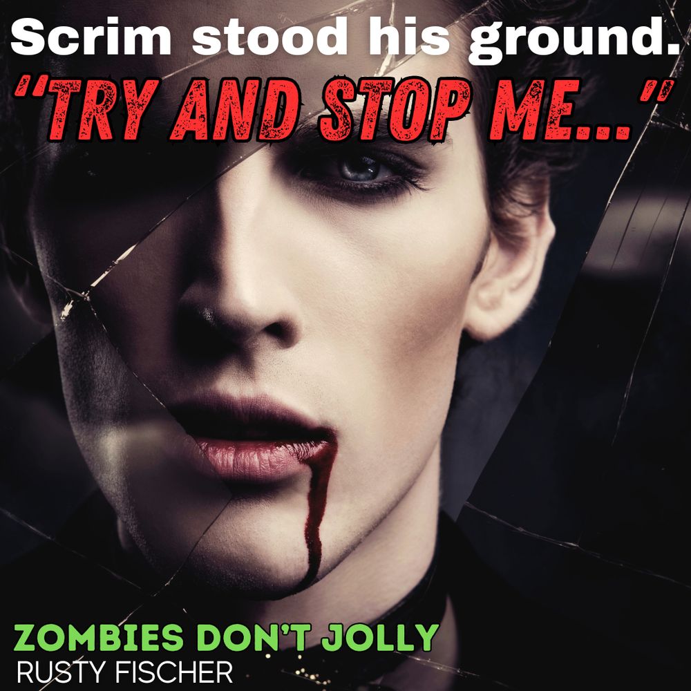 Scary but also kind of cute zombie with blood dripping from his lips as he stares into the unknown