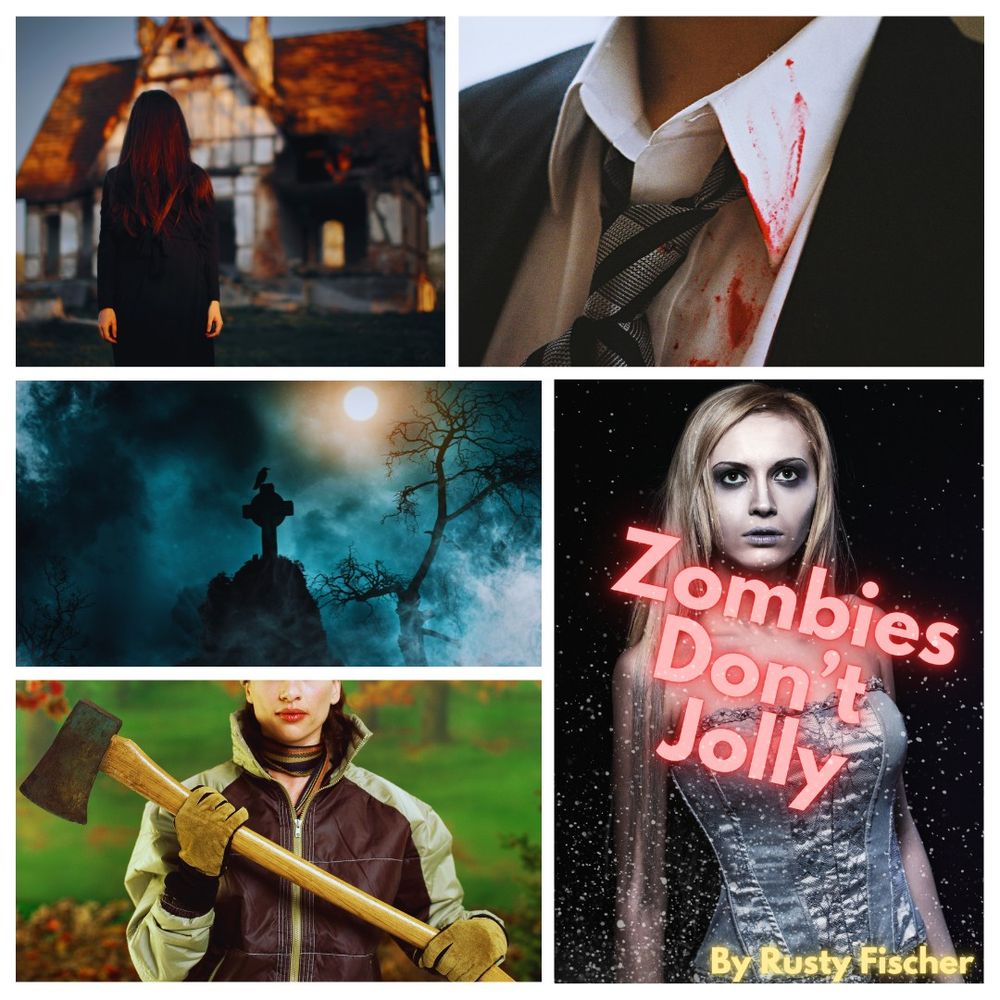 Collage of spooky images featuring a zombie hunter with an axe, a bloody collar, a spooky cemetery and a scary girl in front of a haunted house