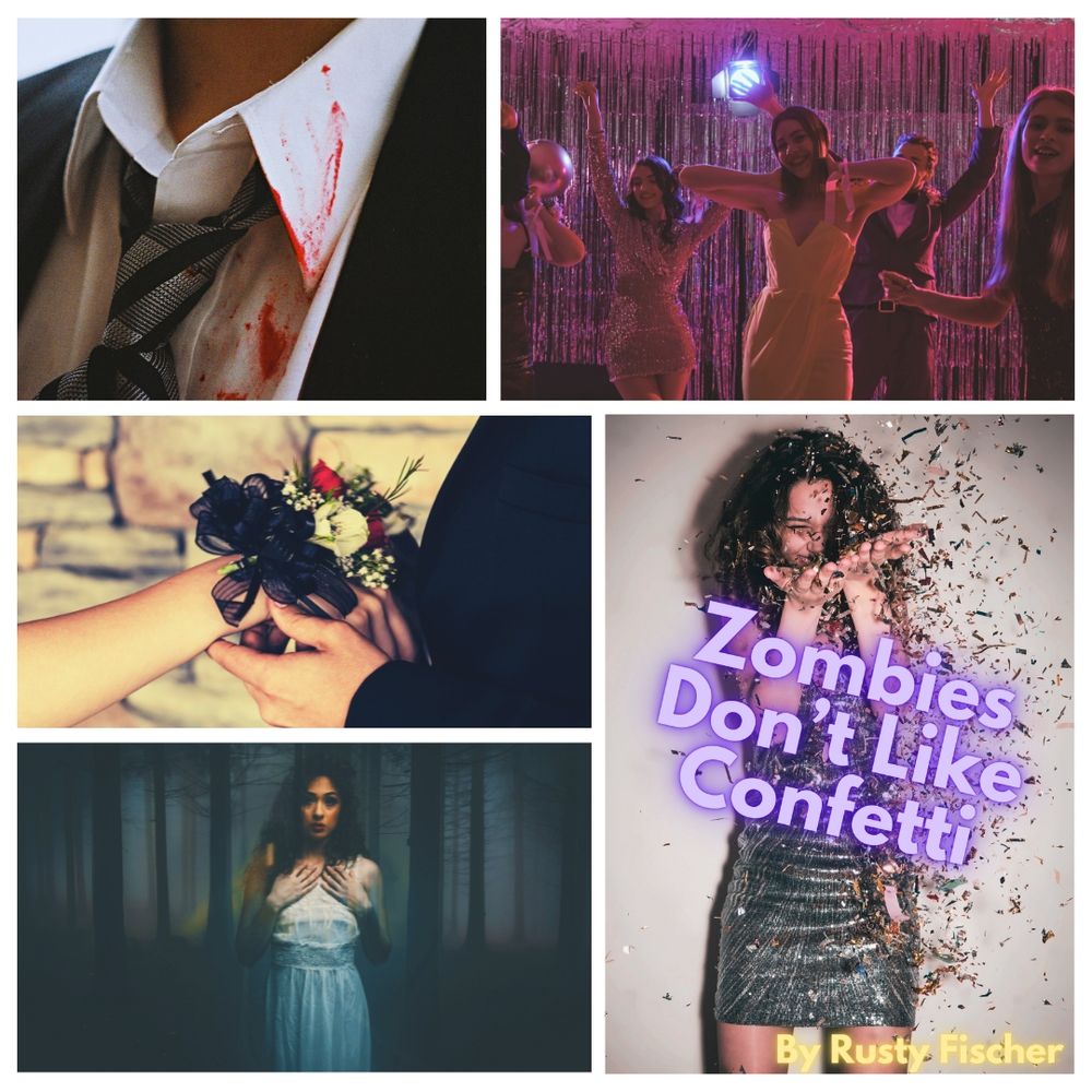A collage of pictures to include a bloody tuxedo collar, an innocent prom couple sliding on a boutonniere, a scary looking girl alone in her prom dress, a bunch of innocent teens at prom, all in support of a book entitled Zombies Don’t Like Confetti by Rusty Fischer.