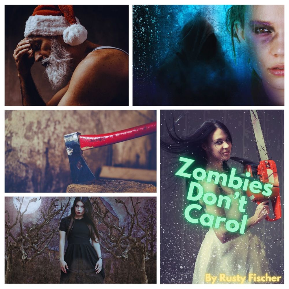 A creepy collage featuring a depressed Santa with his head in his hand, a worried girl with a specter behind her, a red axe buried in an old log and a menacing goth girl in a graveyard...