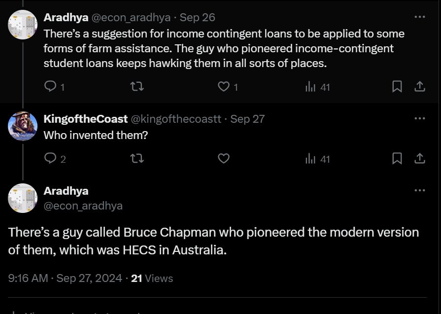 Twitter thread about Bruce Chapman who keeps promoting income contingent loans