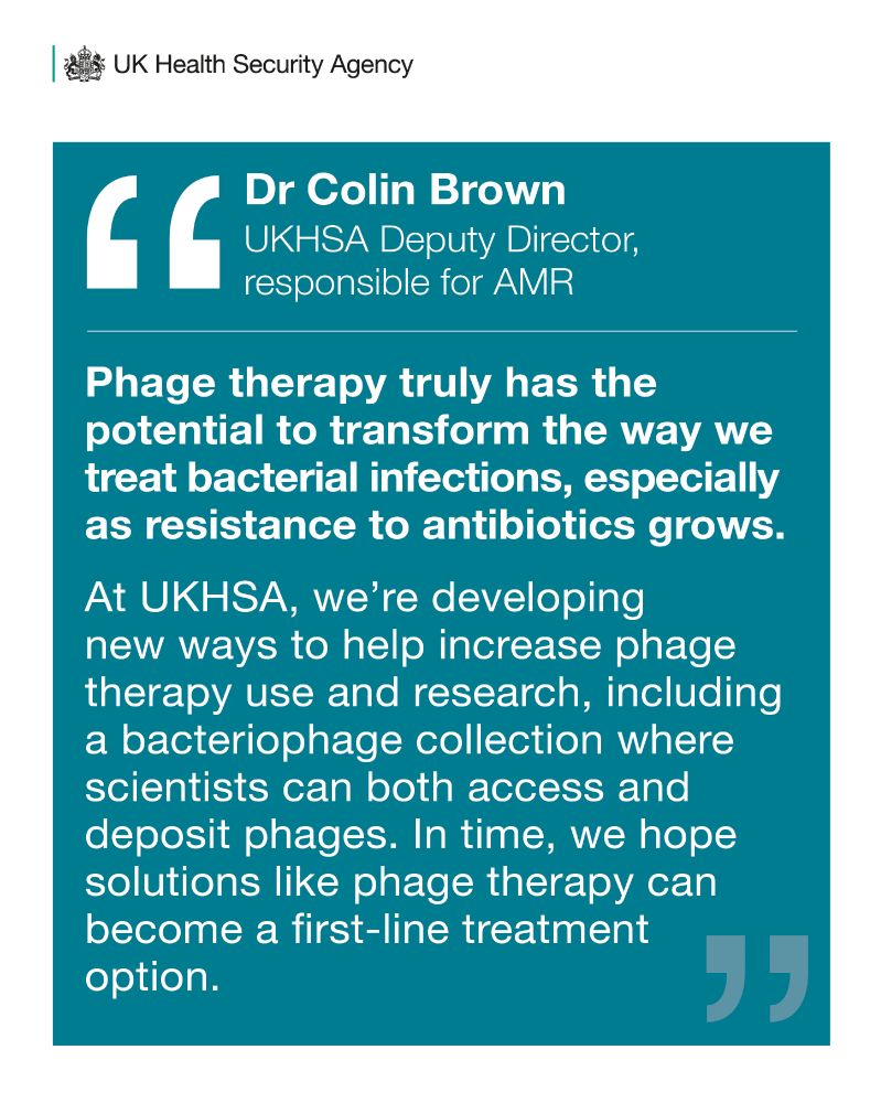 Dr Colin Brown, deputy director at the UK Health Security Agency, responsible for AMR, said: 
 
“Phage therapy truly has the potential to transform the way we treat bacterial infections, especially as resistance to antibiotics grows. At UKHSA, we’re developing new ways to help increase phage therapy use and research, including a bacteriophage collection where scientists can both access and deposit phages. In time, we hope solutions like phage therapy can become a first-line treatment option.”
