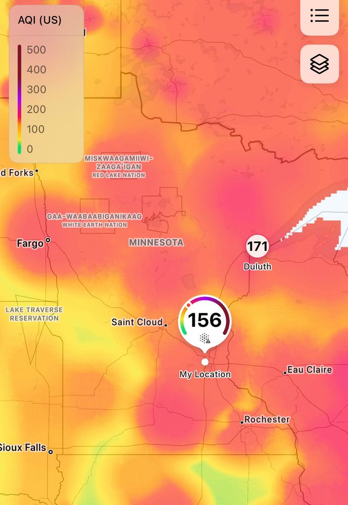 AQI map showing most of MN in the red (unhealthy category).