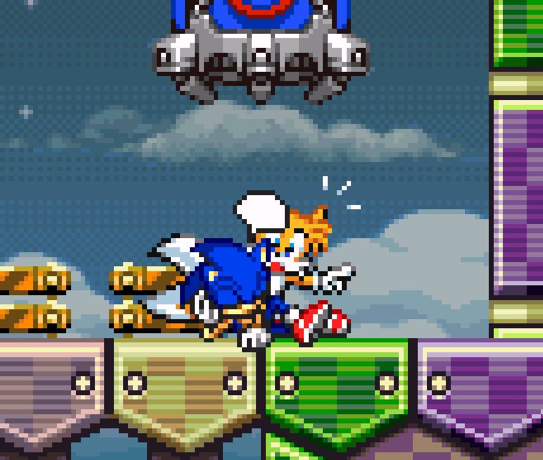 sonic laying on the ground napping while tails points forward trying to wake him up