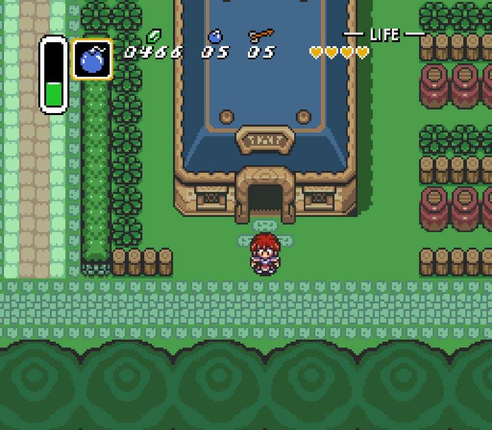 a screenshot of a link to the past showing adol standing outside of the kakariko bar