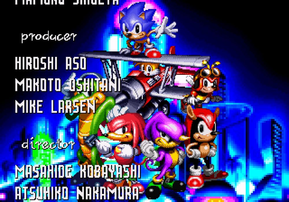 the good ending of chaotix featuring the cast from the title screen with tails and sonic behind them