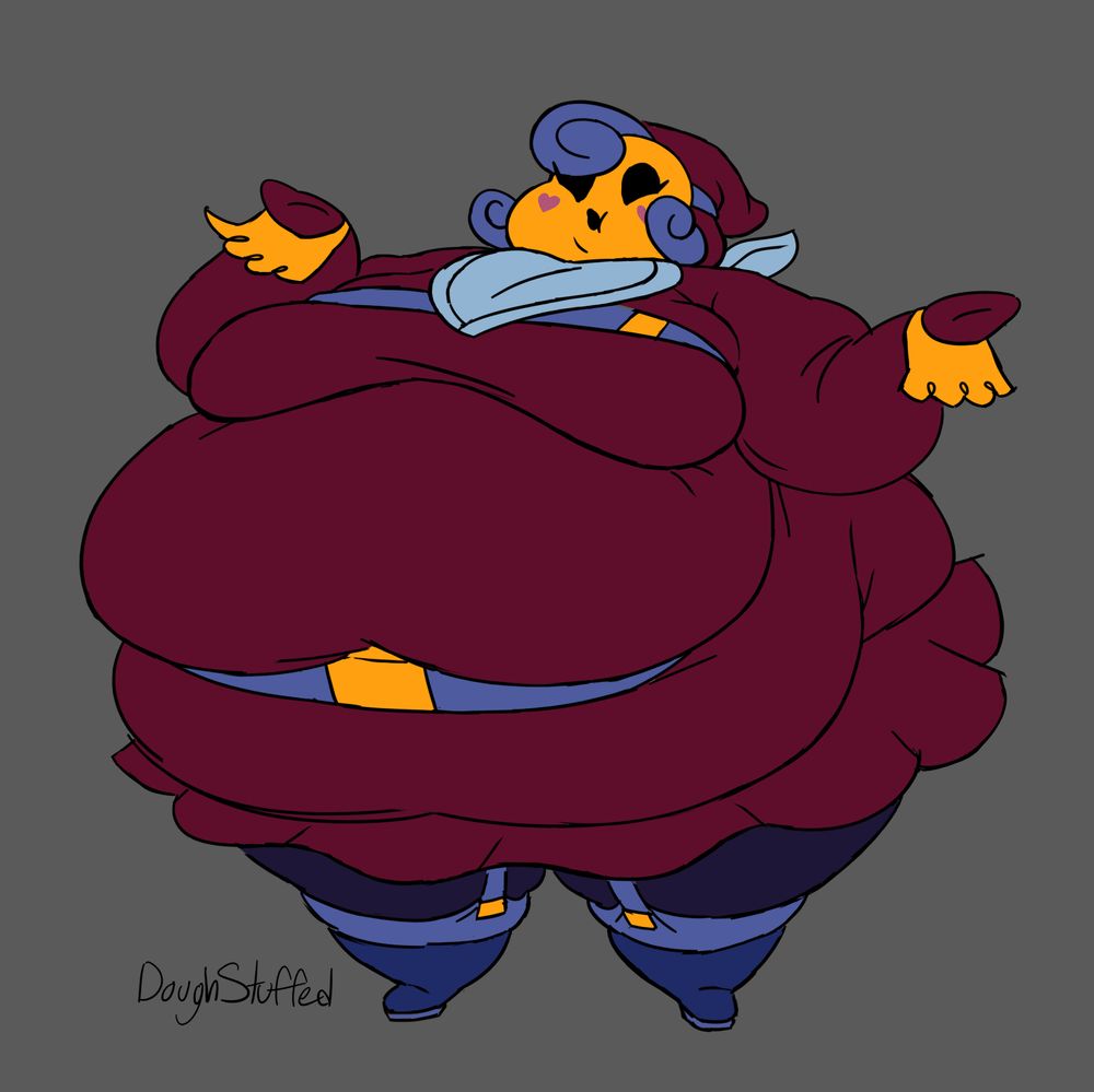 An absurdly obese Shygal variant whose dinner handkerchief and frilled arm cuffs are vestiged by a massively over-bloated stomach that has swallowed the entire body frame, making it almost burst to fit the thematics of a creature addicted to high dining.

The frilled maroon dress joined with golden highlights from the buckles and face mask might remind one of fancier arts and stage plays, but whether or not this attire is a poorly-hidden farce to disguise a simplistic desire to eat, is unknown.

In either conclusion, the Shygal's addiction is blatant. The overclocked storage of useless carbs gluts the stomach and pushes up the fattened breasts even higher. Making a life habitual of over-indulgence, the Shygal unwittingly surrenders itself to becoming a panting ball of gut fat.