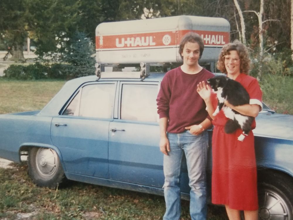 Me, in ancient times, with my sister and her cat, Booper, and a 1971 Plymouth Valiant