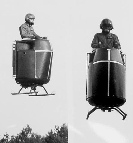 Two photos of a guy piloting some kind of flying pod with skis. Source: internets