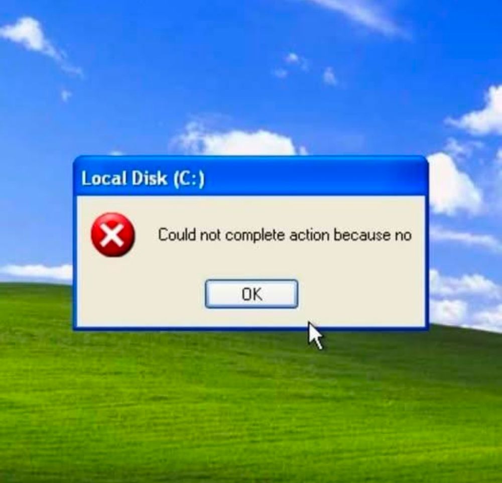A Windows screen with a modal that says "could not complete action because no"