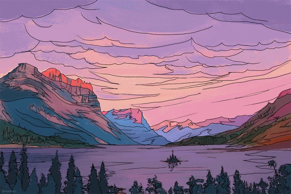 Scene from the St. Mary lake. A small isle in the middle. The lake is surrounded by steep mountains and the sky is pink and purple.

St. Mary's lake; Glacier National Park Service's flickr page. Photo: David Restivo, NPS