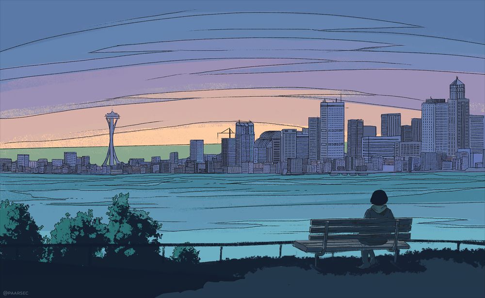 A person is sitting on a bench during sunrise in front of a large body of water, some skyscrapers in the background.

Inspired by the main art of the game Eliza.