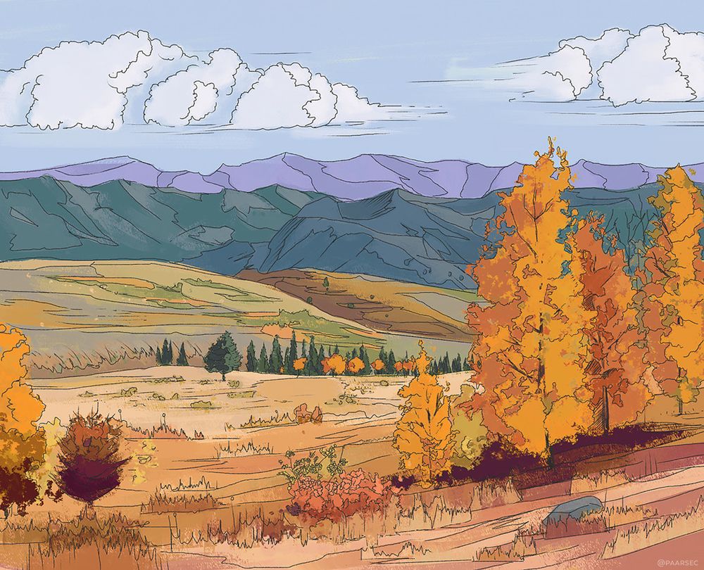 A fall scene; some yellow trees in the foreground and some hills as far as the eyes can see. Some mountains in the distance.

Looking south over Yellowstone from the Gallatin National Forest on Eagle Creek Road; Diane Renkin, NPS