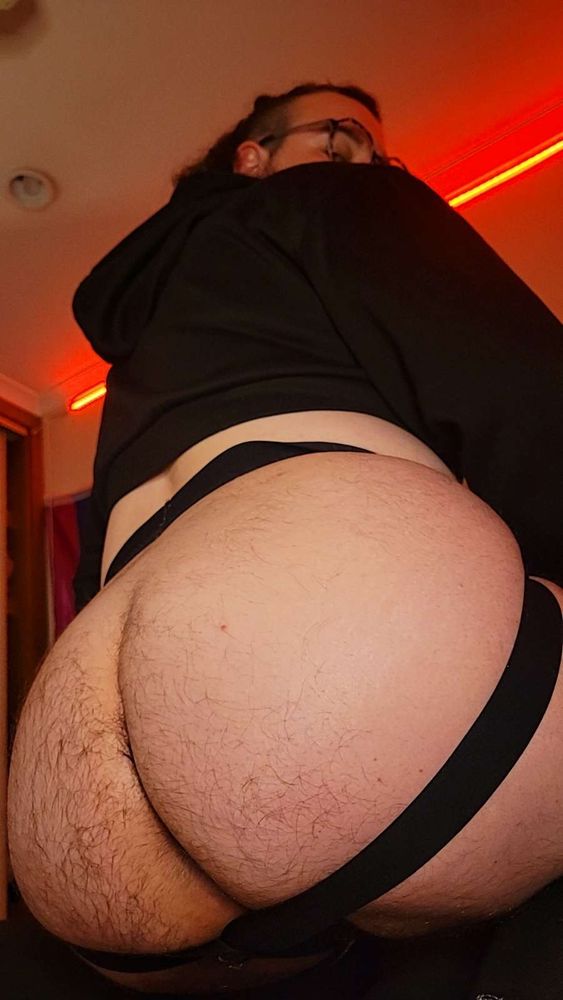 Idiot Angel kneeling on a bed. his round hairy ass in a black jockstrap takes up most of the frame. He looks down over at his shoulder to the viewer, wearing a cropped black hoodie his long hair in a half up bun. 