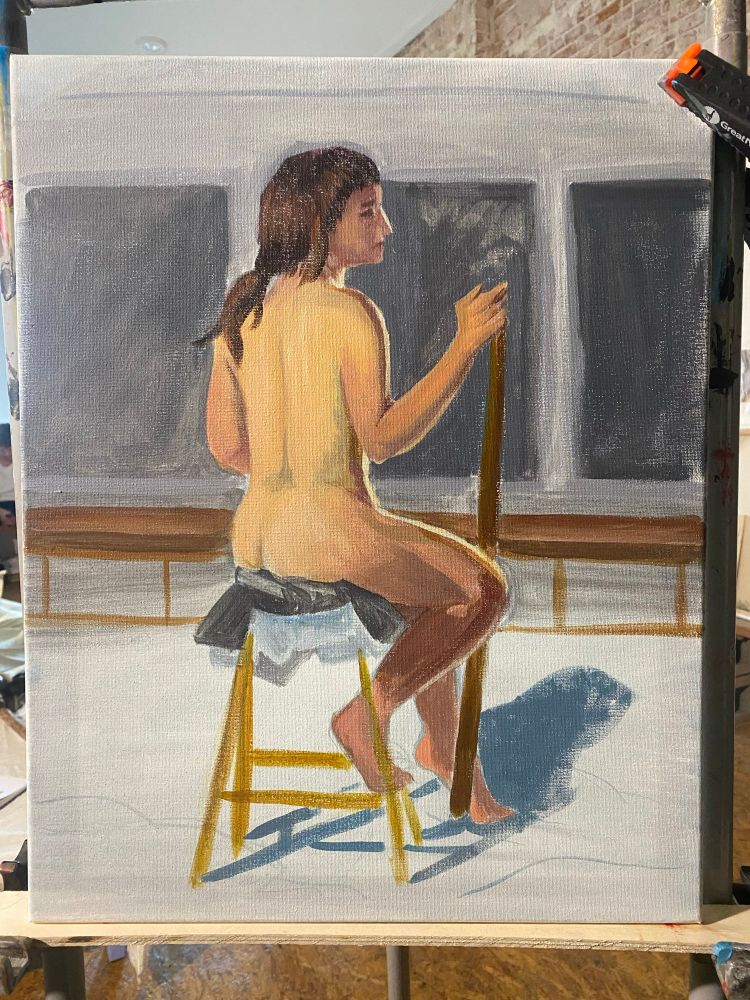 a painting of a person sitting on a stool leaning on a walking stick 