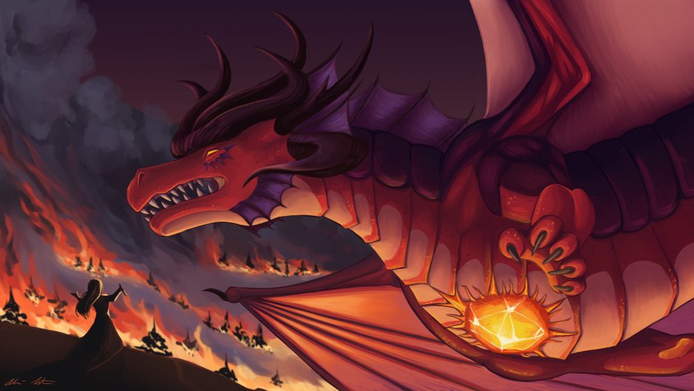 a digital painting of thordak the cinder king, a massive red dragon who sweeps across the sky. he has purple frills, black horns, yellow eyes, and a large fiery gem embedded into his chest. he is lit from below by a forest fire of his own creation. a black silhouette of raishan, a dragon disguised as a half elf girl, raises her hands in jubilation as thordak flies past