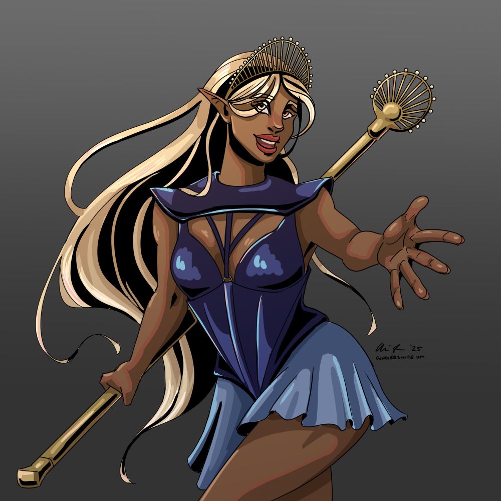 a digital illustration in the style of the portraits in hades. depicting a blond girl with medium brown skin wearing a blue leather corset and miniskirt exposing a lot of skin and wielding a golden scepter with a rising sun motif 