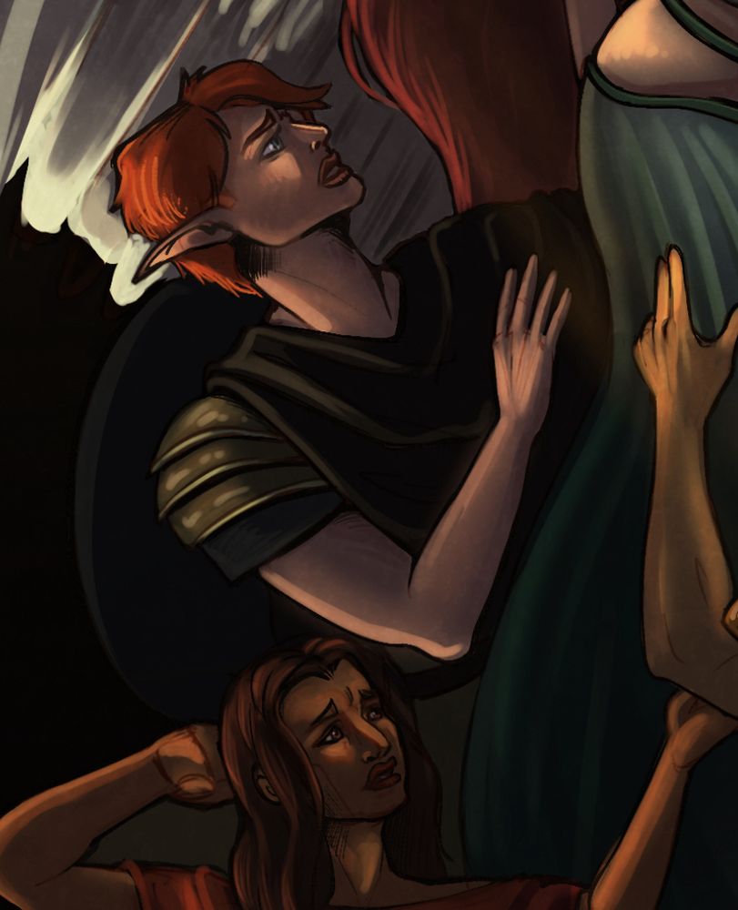 another zoomed in detail shot. this one depicts pericles, top, devastated as he reaches out his hands to grasp for thamyris, and aithon, bottom, who uses their hand to lift up alcaeus’s 
