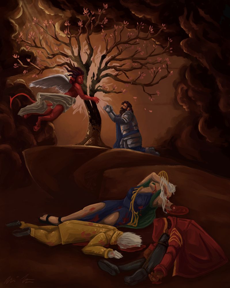 a digital painting depicting a scene from episode 4 of exu calamity, wherein zerxus, a paladin wearing heavy plate armor, kneels before a shattering tree and holds his arms up to welcome in asmodeus, the lord of the hells, who is soaring down with his arm outstretched to meet him. in the foreground lie zerxus’s dead and bloodied friends: patia, whose left arm is severed at the elbow and whose right arm is flung over her face; loquatius, who is laying face down in the mud, blood pooling around his head; and nydas, who sits collapsed with his head tipped down into his knees and blood running down his arm. the scene is dramatically lit with sunlight pouring in from behind asmodeus’s wings and dark clouds shrouding around the edges of the composition.
