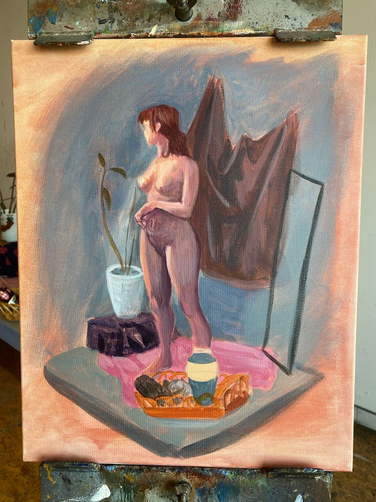 an acrylic painting of a nude woman looking over her shoulder. she’s painted in shades of pink and purple and stands in front of some drapery and a potted plant 