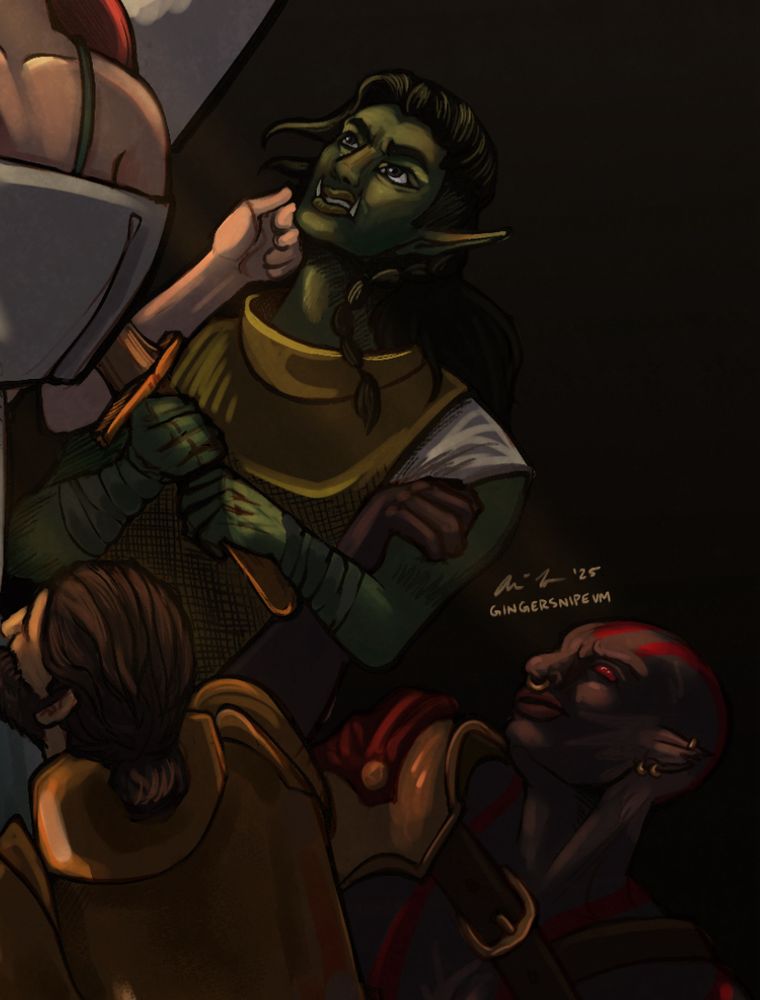 a closeup detail shot of blair’s face, as well as some of thamyris’s other lovers. elektra, right, grabs blair’s arm in vain hope of preventing the blow. alcaeus, left, tilts his face up to thamyris in supplication 