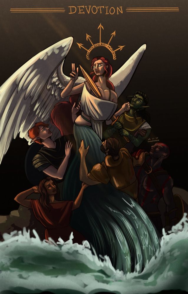 a digital painting of a group of people lit dramatically by light from one side. thamyris, demigod of desire, rises from the center, as their myriad lovers cling to them from below. one of these lovers, a half-orc named blair, stabs thamyris through the heart with a bronze blade. thamyris strokes blair’s cheek with one hand
