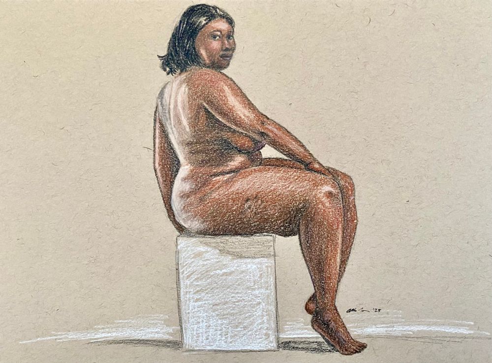 a traditional illustration of a black woman sitting on a box. colored pencil on sepia toned paper 