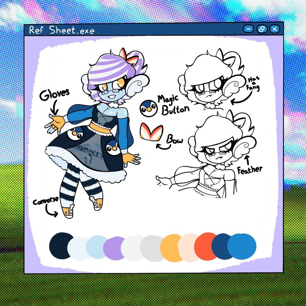 A character profile sheet for a fictional character with blue skin and purple hair.