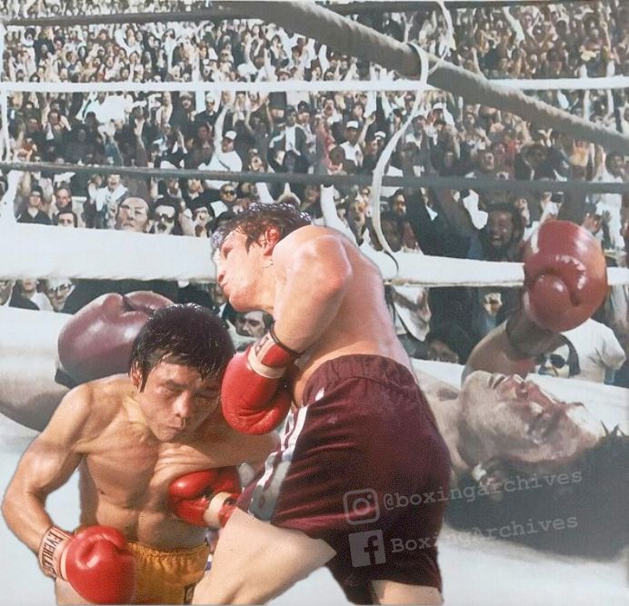 Photo collage edit. Background photo is a seemingly injured boxer (Kim Deuk-Koo) with a bruised face lying on his back with boxing gloves outstretched and a crowd cheering in the background. Foreground is an action photo of another boxer in dark red trunks (Ray Mancini) leaning forward and landing a right hand body punch on another boxer in yellow trunks (Kim Deuk-Koo).