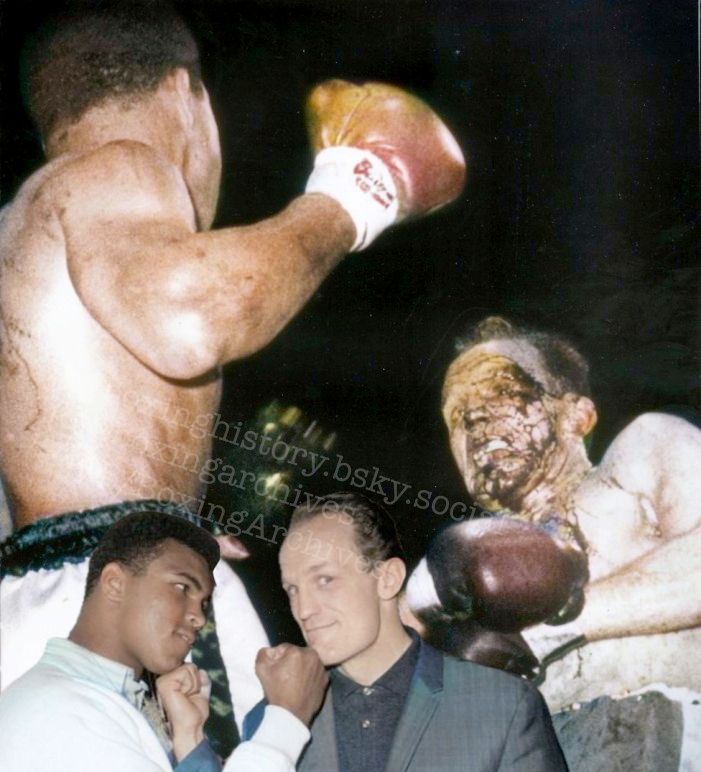 Photo collage of Muhammad Ali and Henry Cooper. Overlaid photo is two men with clenched fists holding them to one another's chin while dressed in nice clothing. The background photo is one of the men raising his boxing glove as if to punch the other, who is leaning back and has blood on his face.