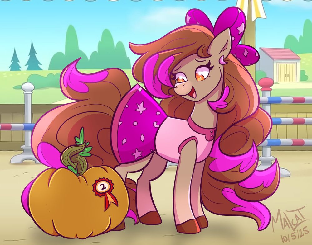 Fan art of Dreamer from Wild Manes. She is standing next to a large pumpkin with a second place ribbon on it. She is looking at the pumpkin and smiling.